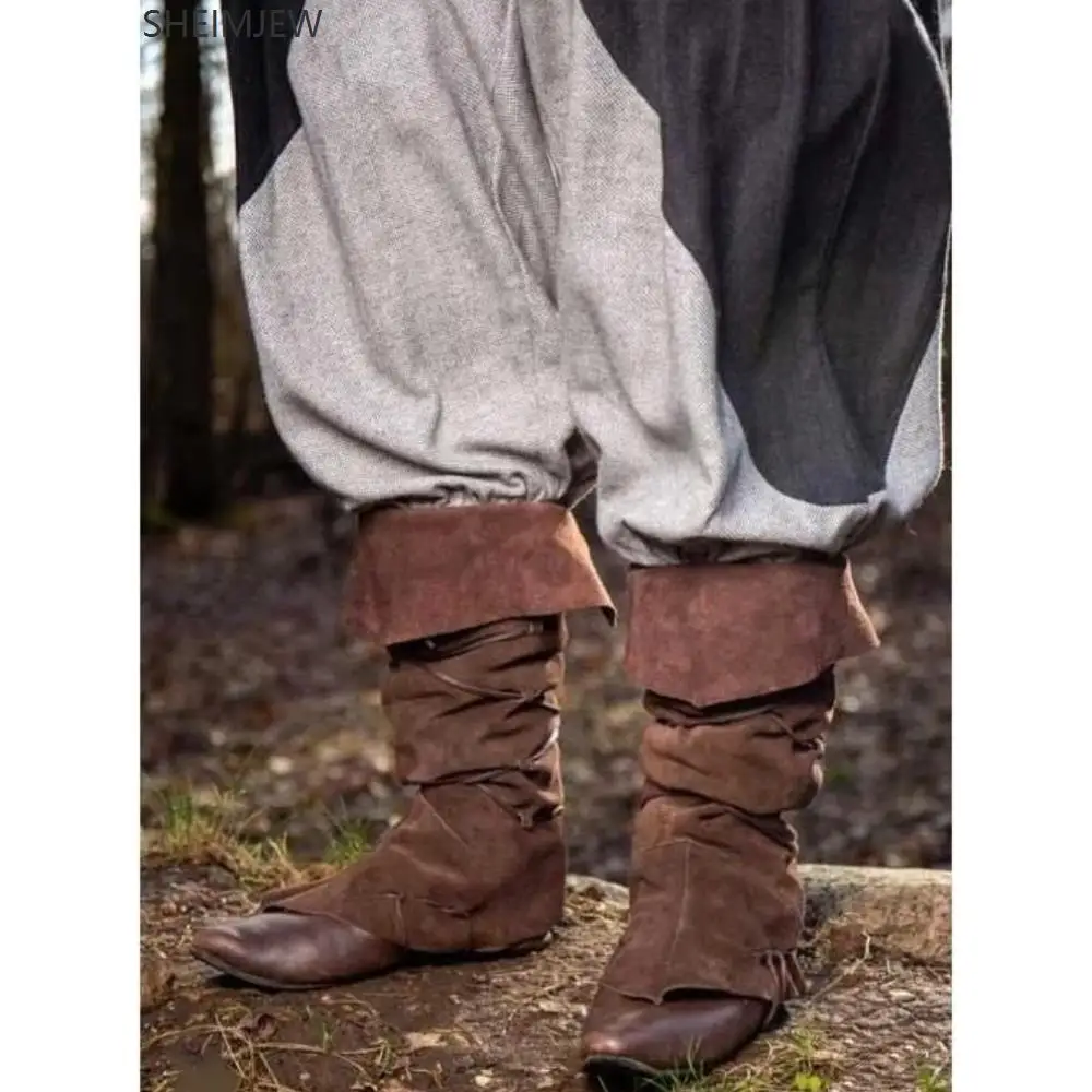 Armure de jambe en cuir de chevalier Viking médiéval, bottes Steampunk, couvre-chaussures, Costume de jeu de rôle pour adultes, bottes hautes à bretelles, accessoires 2025