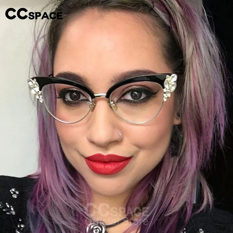 45120 Women Optical Glasses Frames Cat Eye Shiny Rhinestones for Lady Brand Designer Eyeglasses Fashion Eyewear