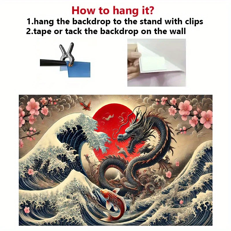 2D Flat, Japanese Dragon & Koi Fish Wall Tapestry Banner - Large Asian-Inspired Wave & Cherry Blossom Design with Red Sun & Risi