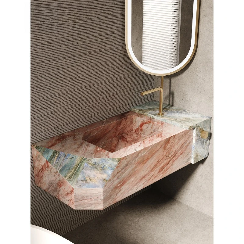 Luxury stone rock slab integrated seamless basin bathroom cabinet, combined custom bathroom sink face wash single basin