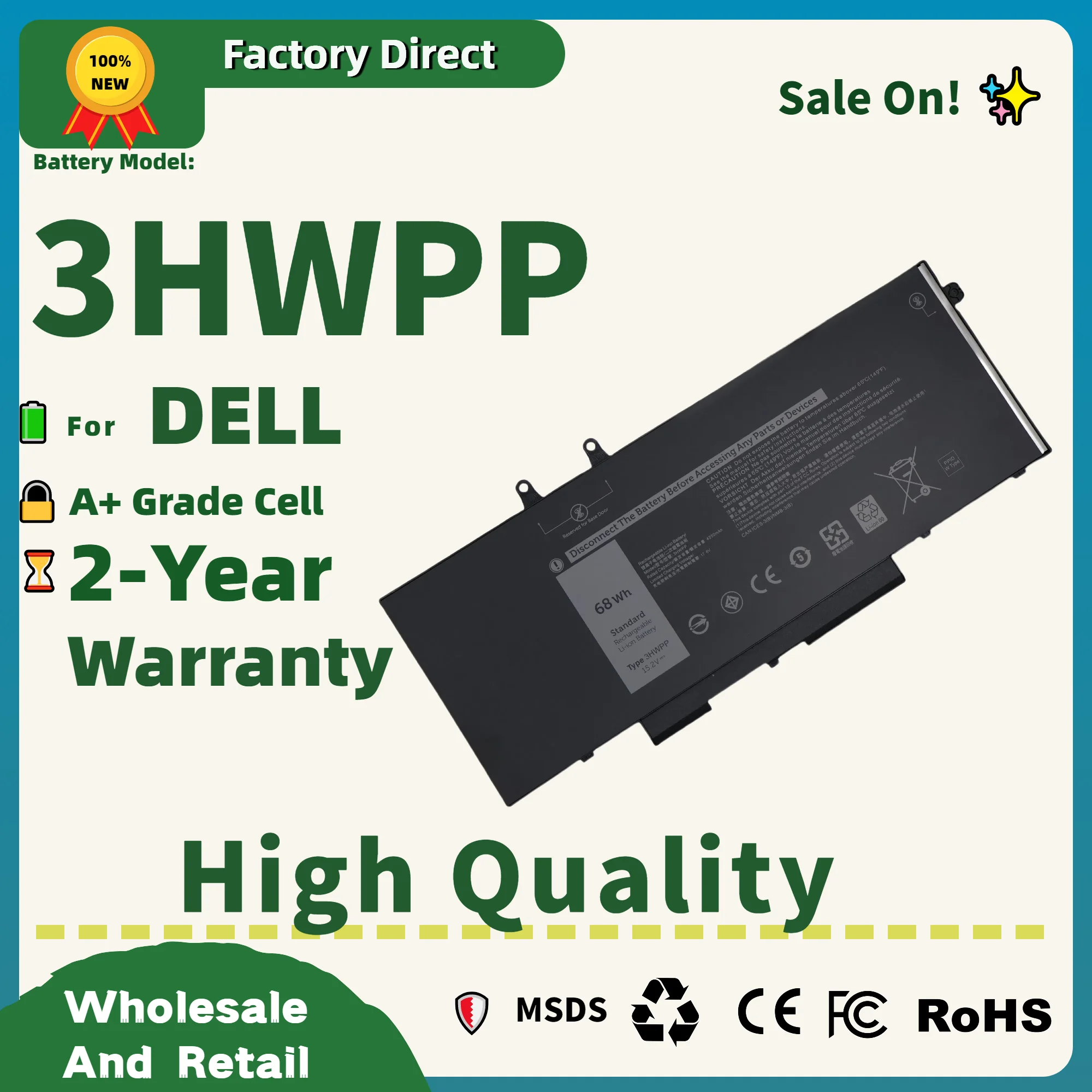 Factory Direct! 3HWPP Laptop Battery for Dell Precision 3541 3550 3551 for Dell Latitude 5401 5501 5410 5411 5510 5511 1VY7F