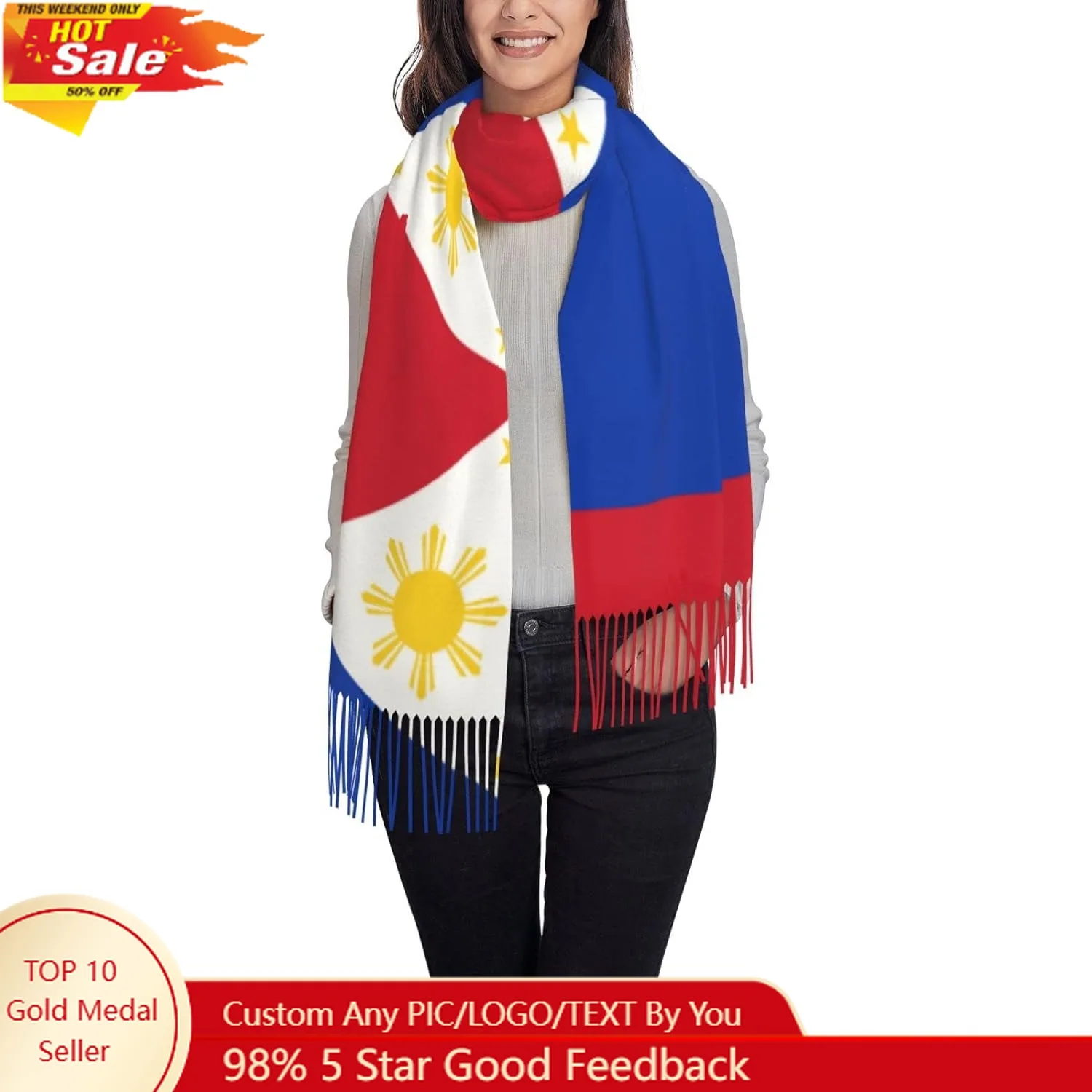

Women'S Flag Of The Philippines Printed Tassel Open Front Poncho Cape Wrap Shawl