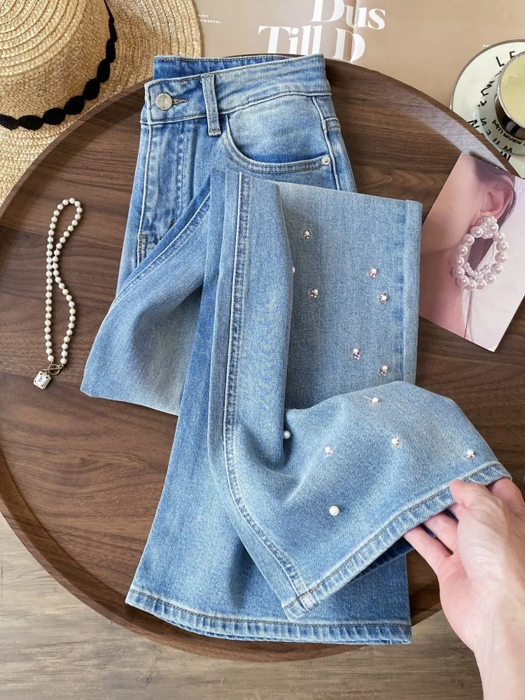 Spring Work Ladies Embroidery Flower Streetwear Jeans Straight High Waist Beading Denim Trousers Retro Female Casual Long Pant
