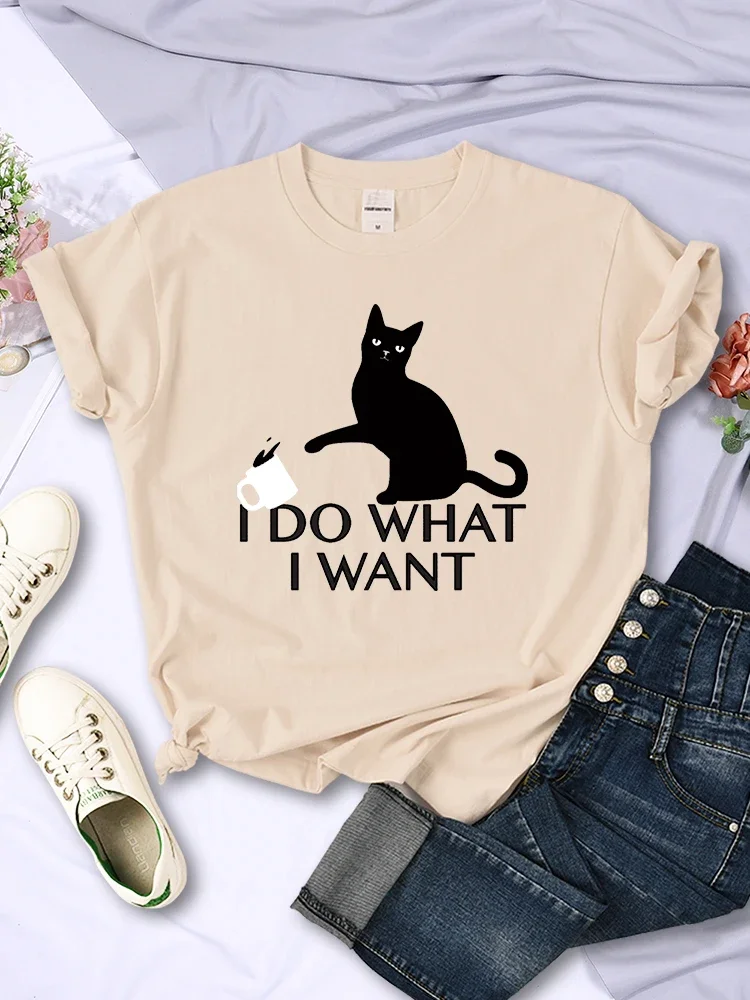 Creative Short Sleeve Vintage Casual Breathable Womans Tee Clothes Black Cat Want Letter Women T Shirts Fashion