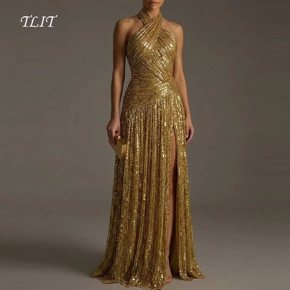 TLIT Elegante diepgouden pailletten A-lijn avondjurken Halter mouwloos met lichtgouden pailletten galajurken op maat