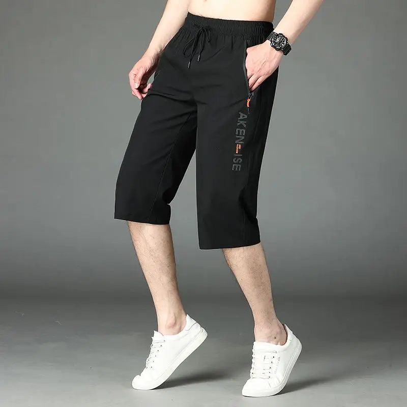 Trend Casual Elastic Drawstring Capri Pants Male Clothes Summer Korean Zipper Patchwork Fashion Men High Waist Ice Silk Pants