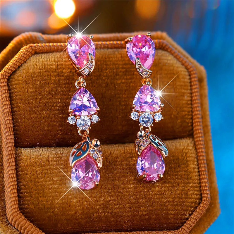 Luxury Female Pink Zircon Stone Clip Earrings Charm Gold Color Wedding Jewelry For Women