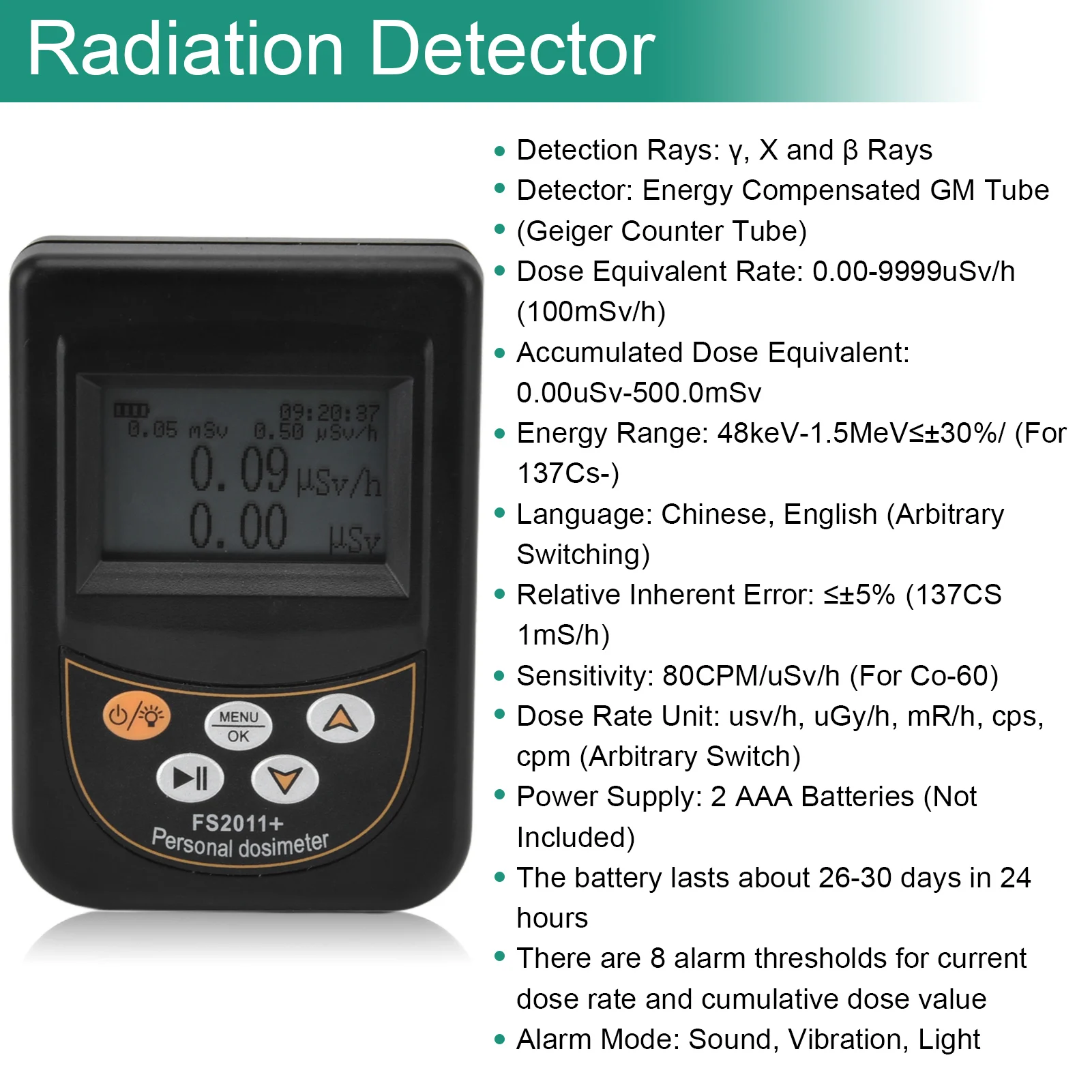 FS2011 5 in 1 Battery Powered Personal Dosimeter Nuclear Radiation Detector For Marble Detector Beta Gamma X-ray Detection Alarm