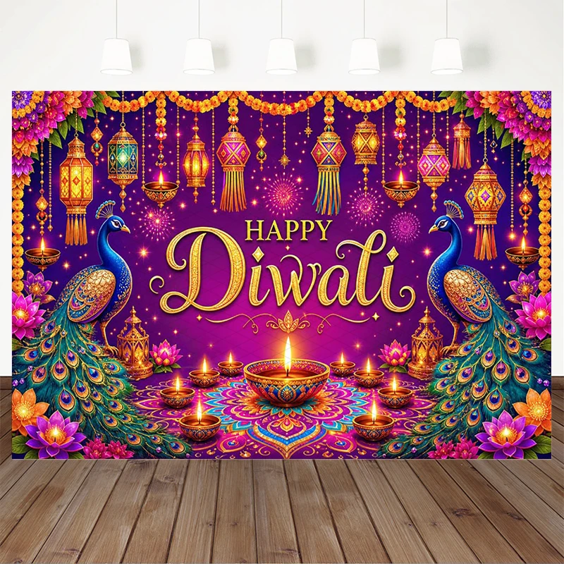 Mocsicka Happy Diwali Photography Backdrop Purple Peacock Lotus Marigold Garland Hanging Lantern Lamp Indian Festival Photobooth