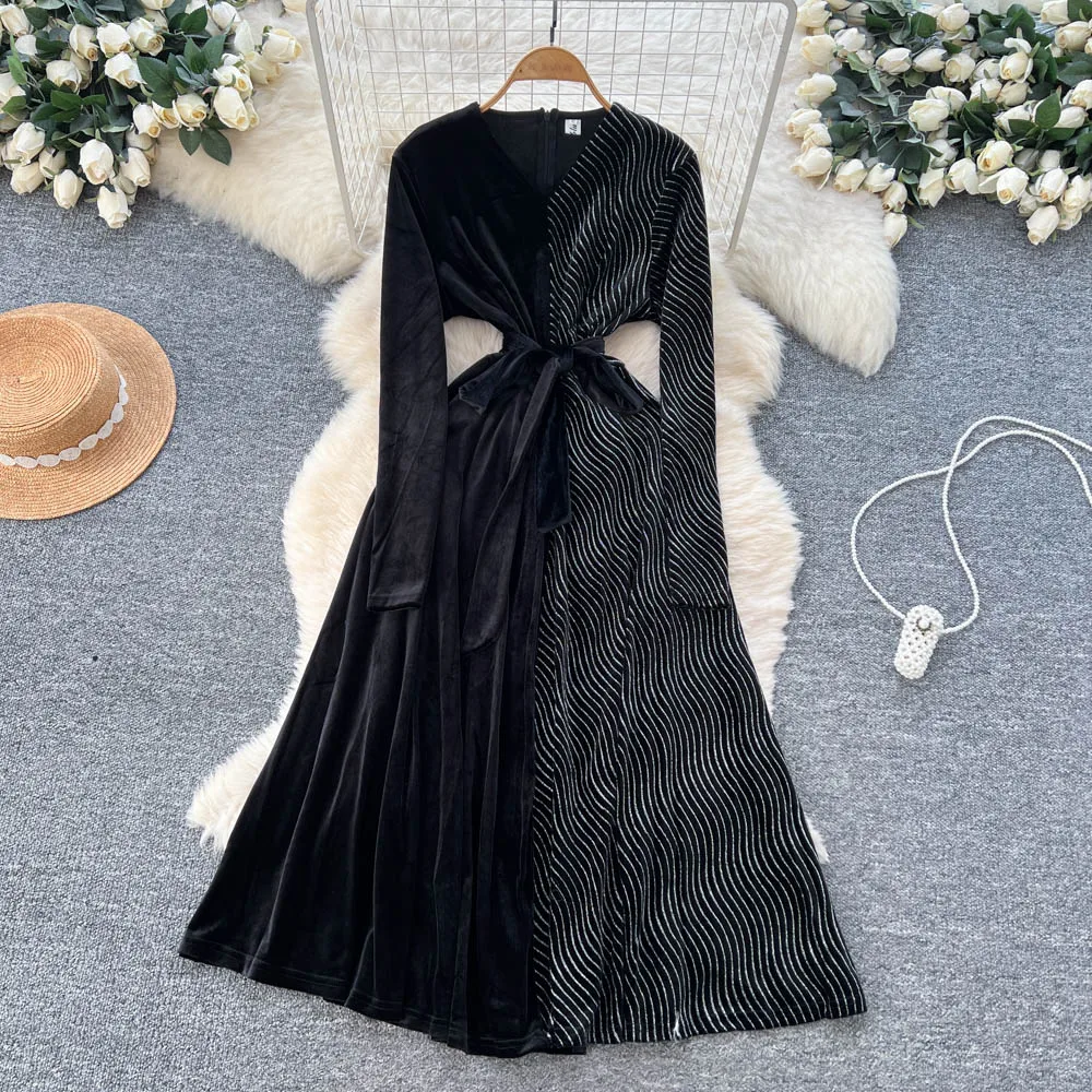 Vestido Retro elegante de terciopelo con cuello en V, manga larga, informal, de cintura alta, ropa de mujer, vestidos de ceremonia