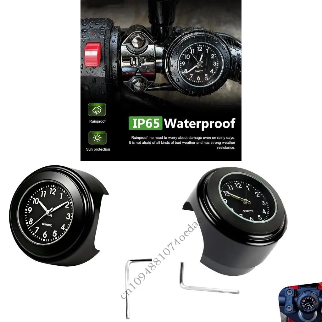 Clamp On Motorcycle Bar Clock with Split Clamp Bracket, Analog Black Metal Timepiece for 7/8 to 1 Inch Handlebars, Clear View