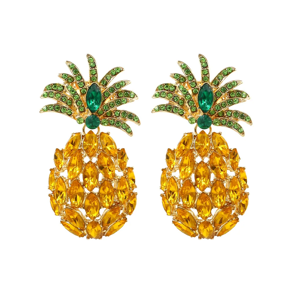 

Tropical Jewelry Accessories Large Dazzling Green Yellow Crystal Rhinestone Pineapple Diamante Statement Earrings for Women