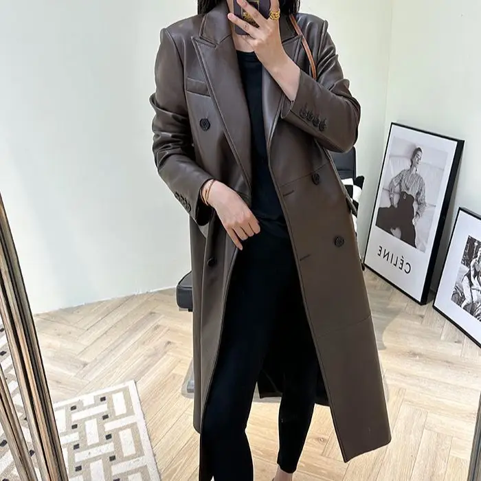 2023 Genuine Leather Coat Autumn and Winter New Sheepskin Suit Collar Front Shoulder Double Breasted Long Slim Trench Coat for w