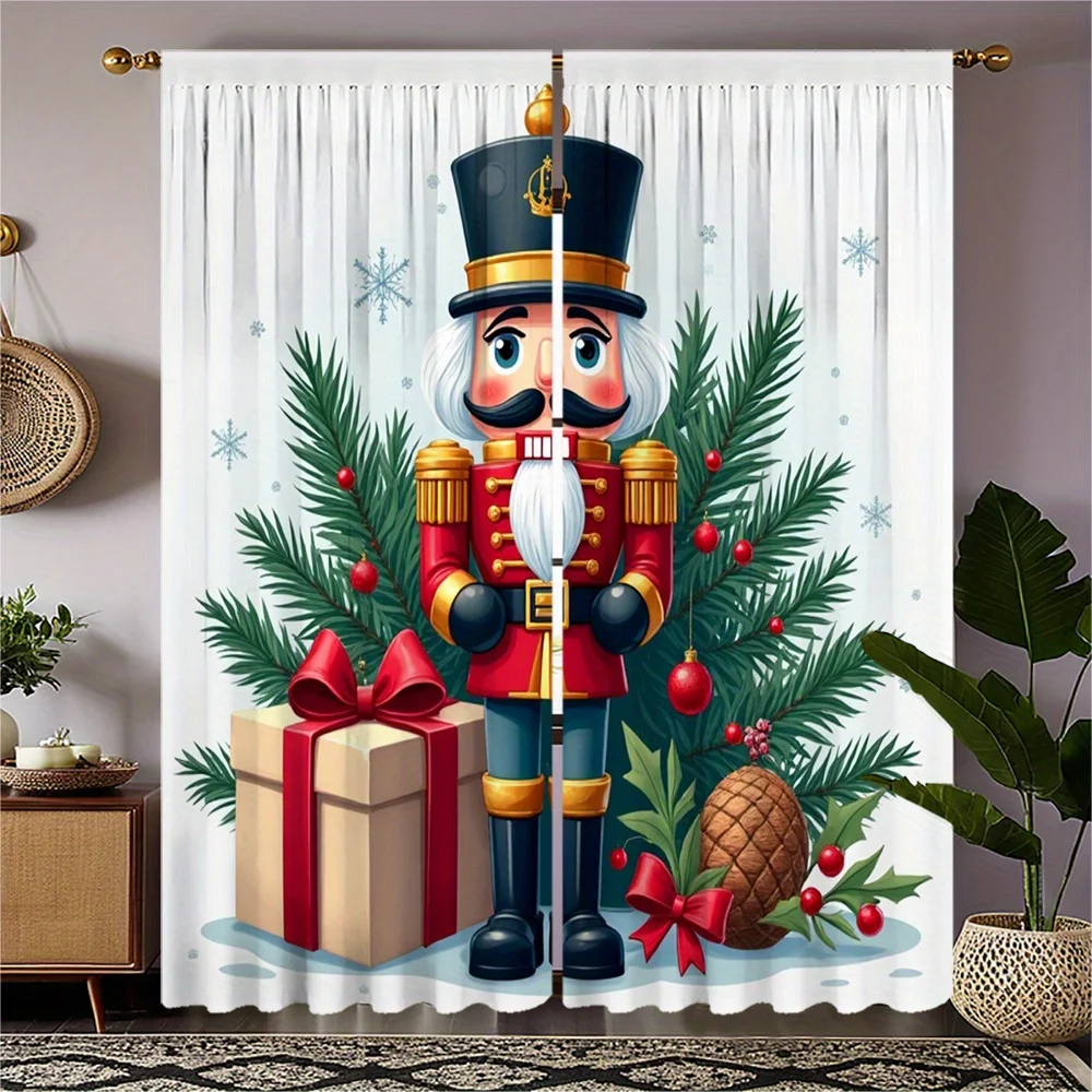 2pcs HD Digital Printed Christmas Tree Snowy Night Gift Box Pattern Curtain - Home Decor Style for Living Room, Bedroom, Rod Poc