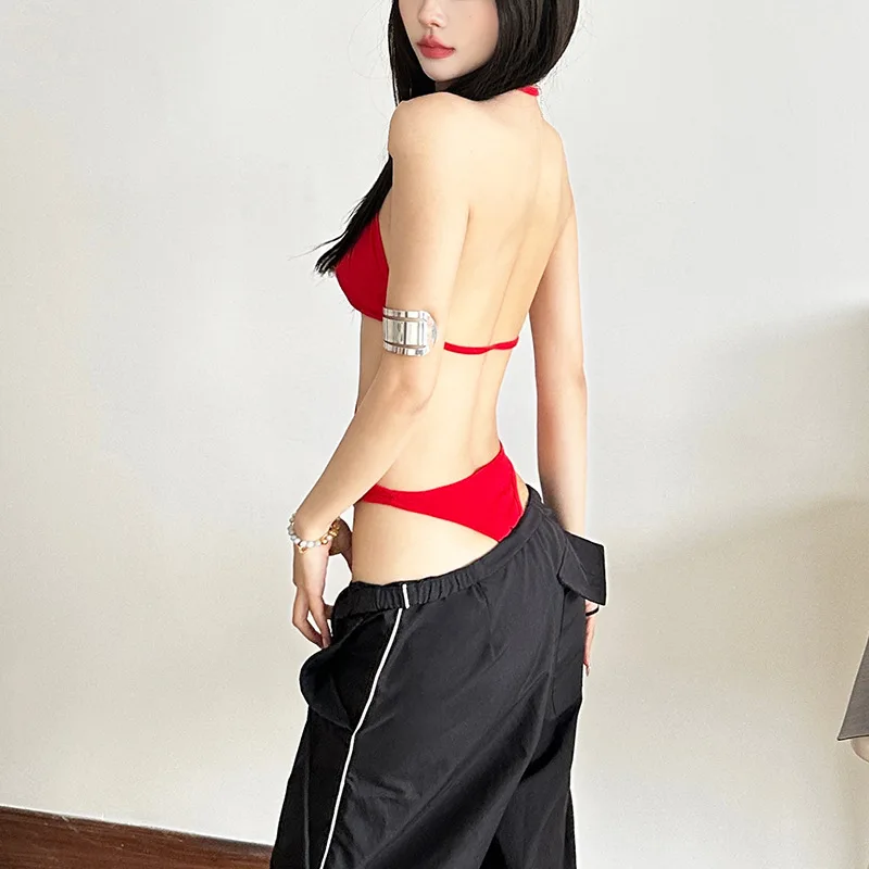 Combinaison sexy pour filles épicées, col suspendu, nombril exposé, sans manches, couleur unie, slim fit, pour femmes, nouvelle collection