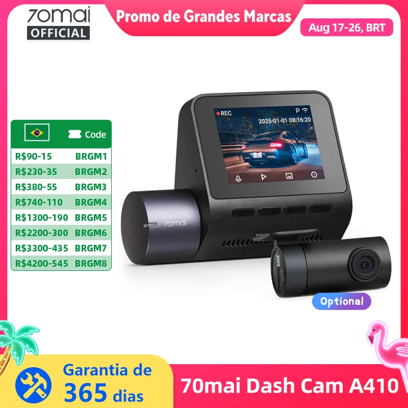 70mai Dash Cam A410 2.5K + 1080P Gravação de canal duplo GPS embutido 24H Vigilância de estacionamento Carro DVR 70mai A410