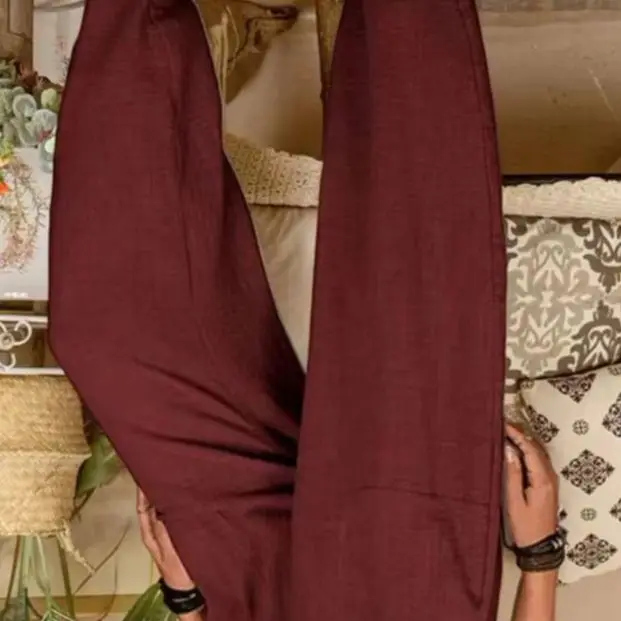 Women's Cotton-Linen Harem Trousers Retro Loose-Fit Casual Trousers Elasticated Waistband Workwear Wide-Leg Trousers