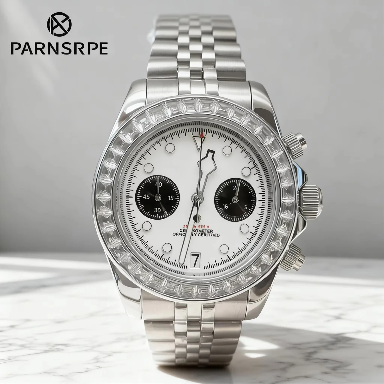 PARNSRPE 39mm panda Multifunctional chronograph VK64 Japan quartz movement high quality Diamond bezel Steel bottom waterproof