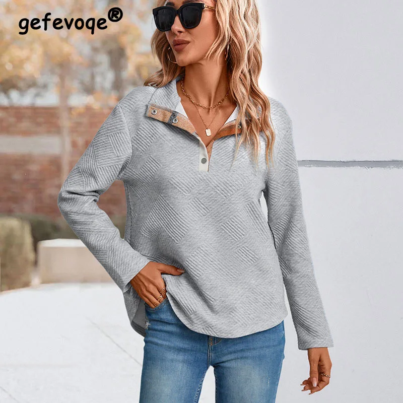 

Women's Plaid Patchwork Sweater 2023 Autumn New Turn-down Collar Snap-fastener Long Sleeve Casual Loose Pullover Light Gray Top