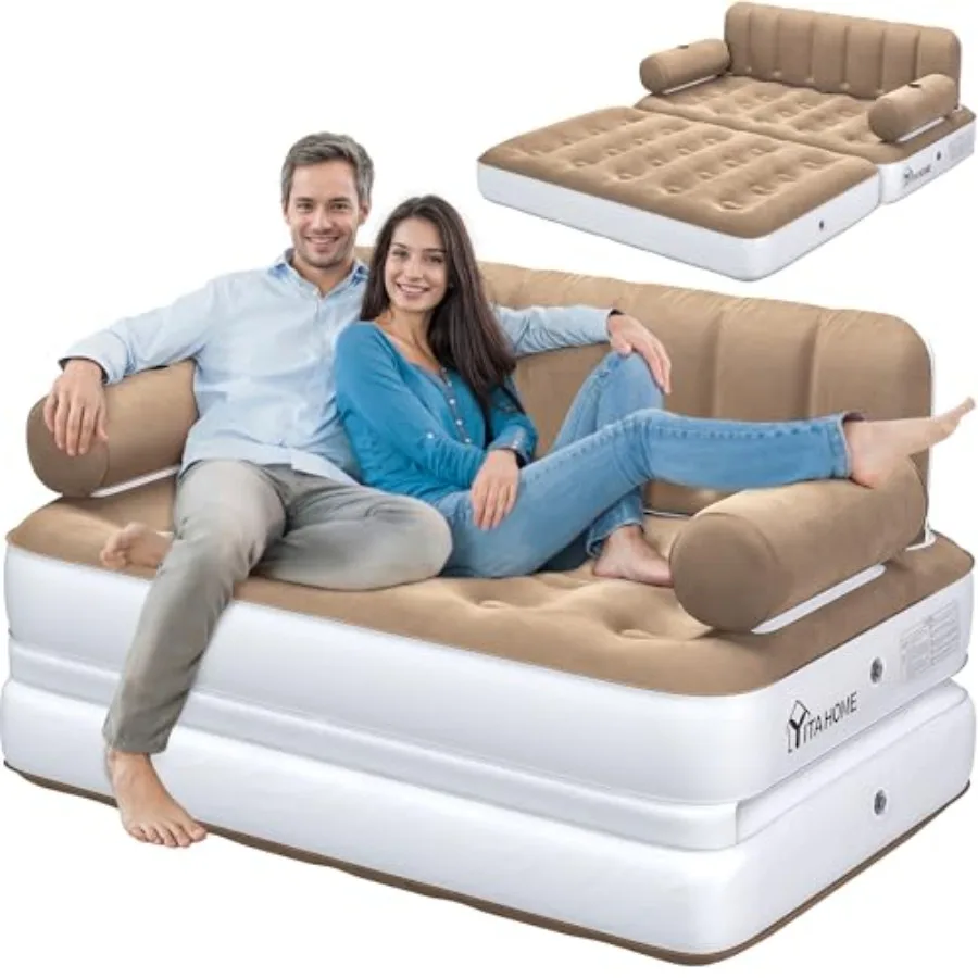 Queen Size Inflatable Sofa Bed with Headboard and Pump, Convertible Blow Up Couch, 2-in-1 Brown Air Sofa Bed for Home, Camping,