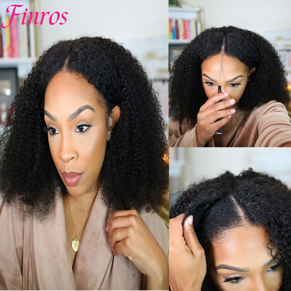 

Finros Kinky Curly V Part Wig 100% Human Hair Upgrade No Leave Out Clip In Deep Wave V Part Wig For Black Women 30Inch Brazilian