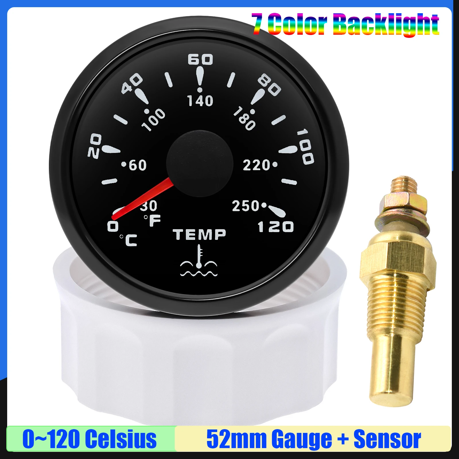 

Universal Car 52mm Water Temperature Gauge with Sensor 10.2mm 7 Color Light Water Temp Meter 0-120℃ for Boat Yacht DC12V24V