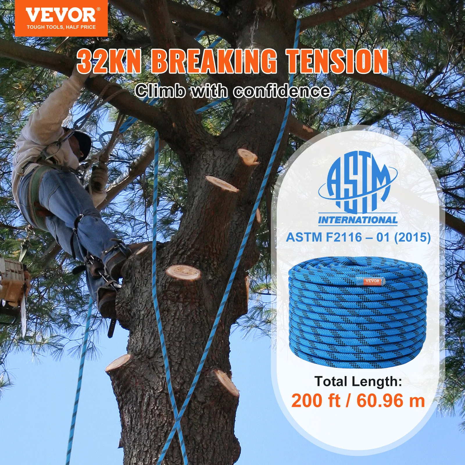 VEVOR 12.7mm Static Climbing Rope 125/150/200ft Outdoor Rock Climbing Rope 30KN Breaking Tension Fiber Rope w/ Steel Snap Hooks