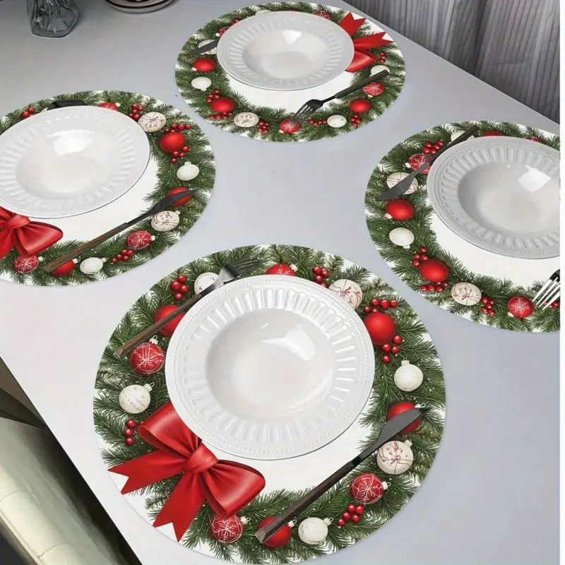 VIKAMA Christmas Placemat White Pine Red Bows Linen Table Mat for Dining Kitchen Table Setting Decor
