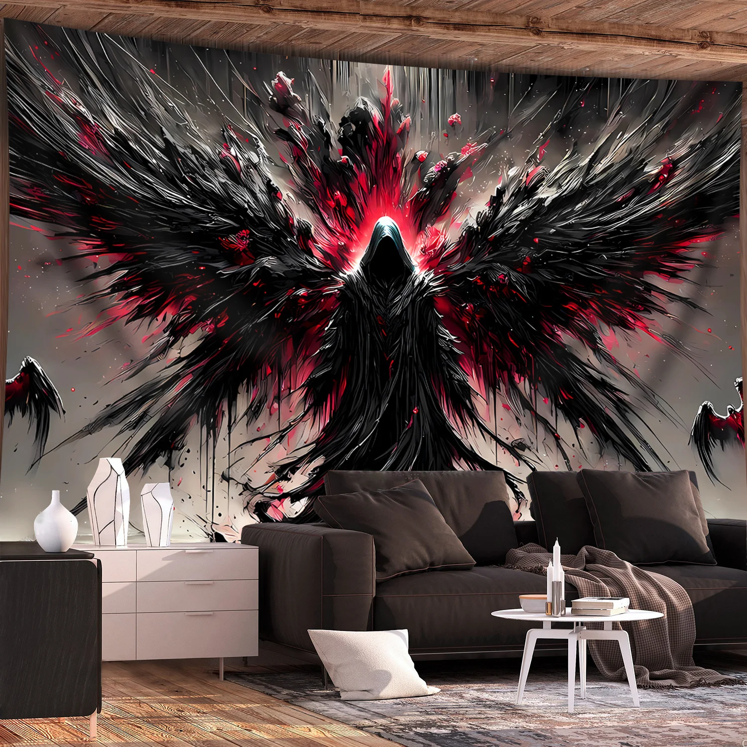 1pc Extra Large Fantasy Gothic 2D Flat Tapestry Black Robe Wings HD Print Wall Hanging for Living Room Bedroom Party Goth Home D