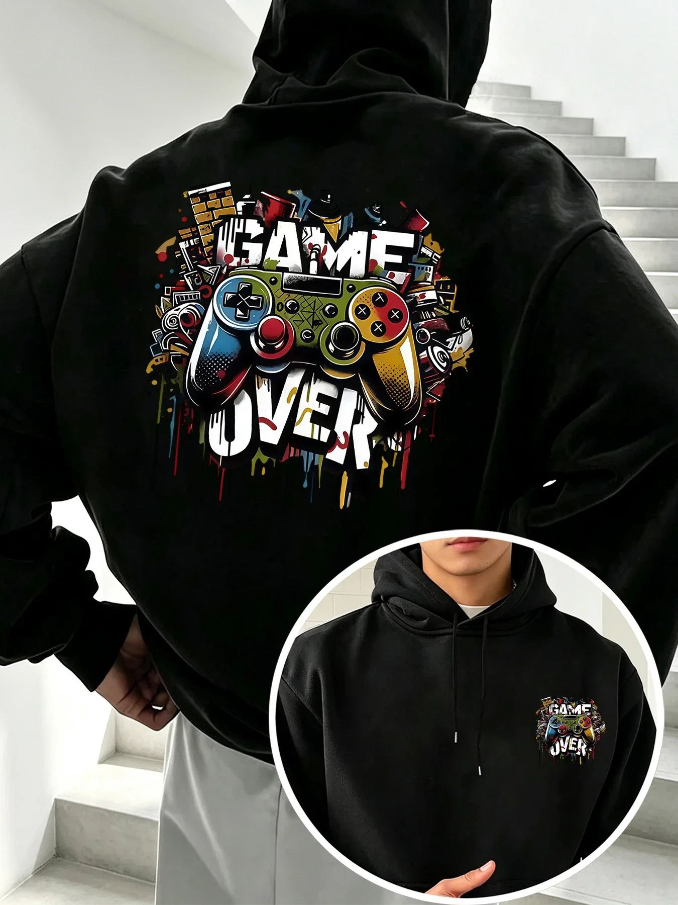 Men's Gamer Hoodie Game Over Controller Graphic Street Art Print Fleece Sweatshirt Gaming Streetwear Autumn Winter