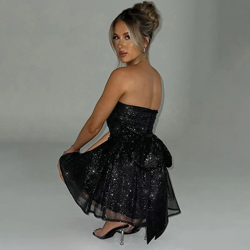 Sexy Mini Sequin Dress Elegant Strapless Women Fashion Black Off-shoulder Backless Pleated Sparkle Club Party Dress For Women