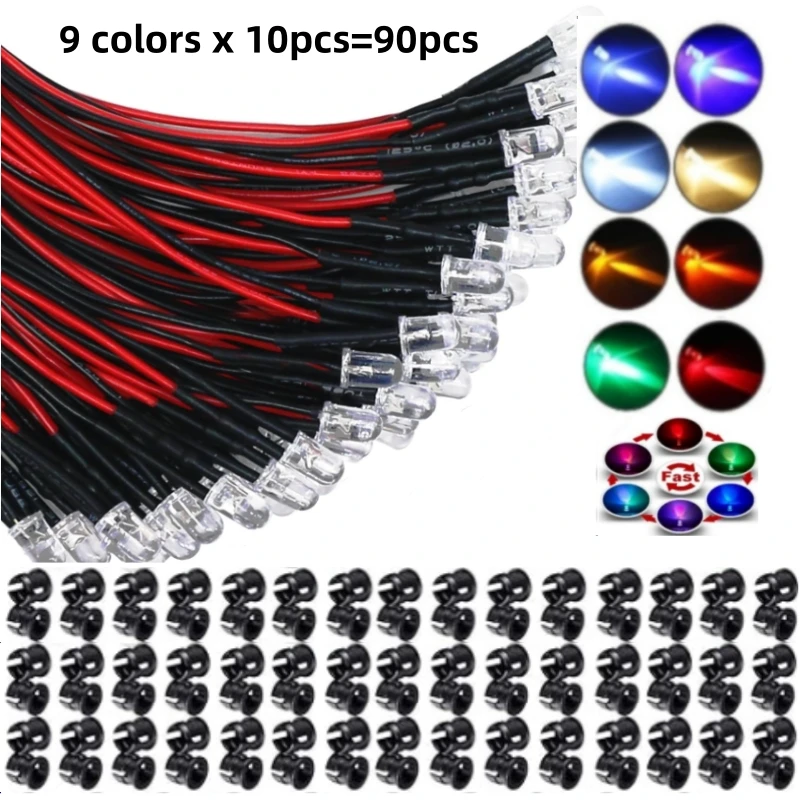 30/90 sets of 5MM LED light-emitting diode pre-wired 20CM DC 3V-12V+ plastic brackets, DIY super bright mini LED.