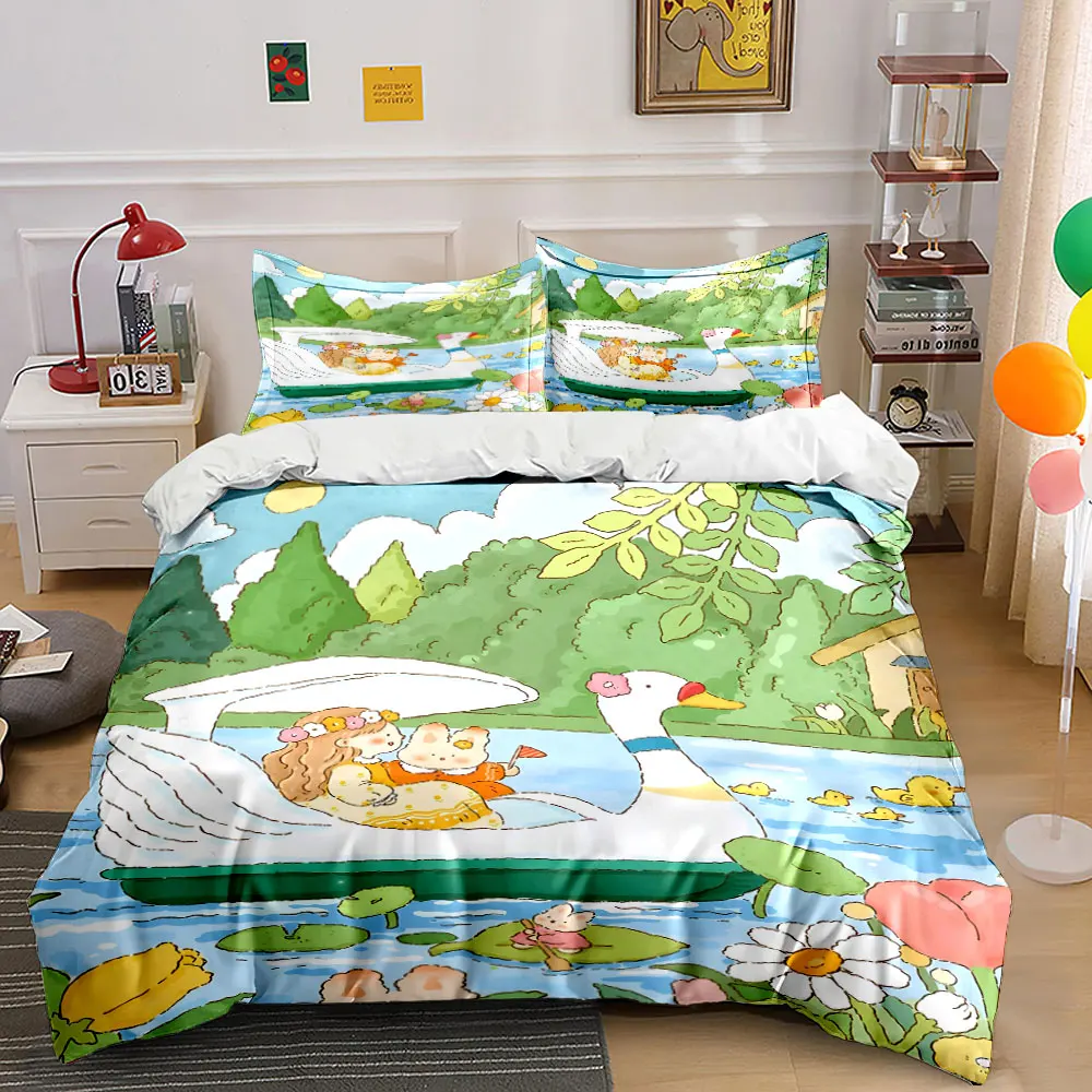 Swan boat on a cozy, playful lake Pattern Duvet Cover Set Digital Print Colorful Polyester Bedding with Zipper Closur for gifts
