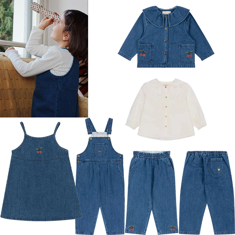 

A/W 2024 New Cowboy Jacket Dress Kids Solid Color Denim Jacket Girs Cherry Denim Camisole Skirt Rompers