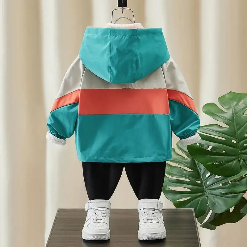 Kids Boys Coat 2023 New Children\'s Spliced Hooded Jacket Top Baby Korean Windbreaker Spring and Autumn Clothing