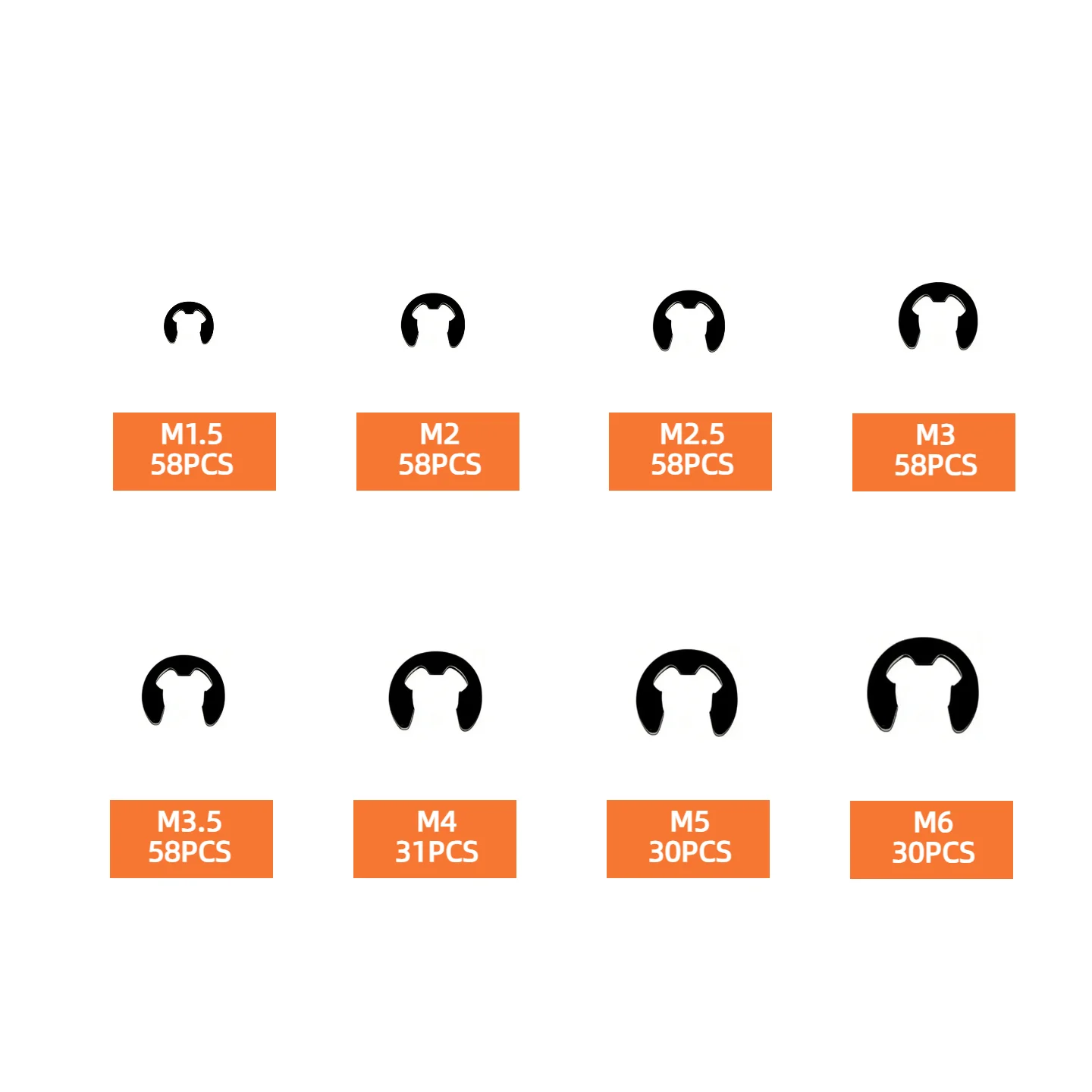 381/507-teiliges M1.5-M15 E-Clip-Set aus schwarzer Legierung, Sortiment für externe Sicherungsringe, metrische Sicherungsringe für Wellenlager und Hardware – Detail 5
