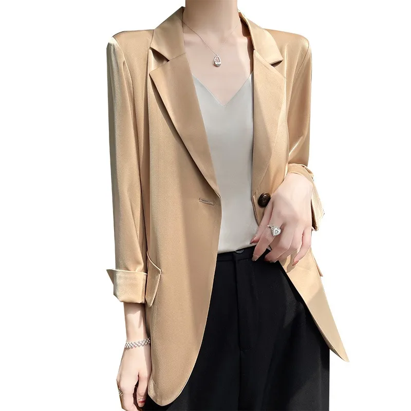 화이트 캐주얼 루즈 얇은 7부 새틴 남성 정장 재킷 봄 여름 출퇴근용 순색 원버튼