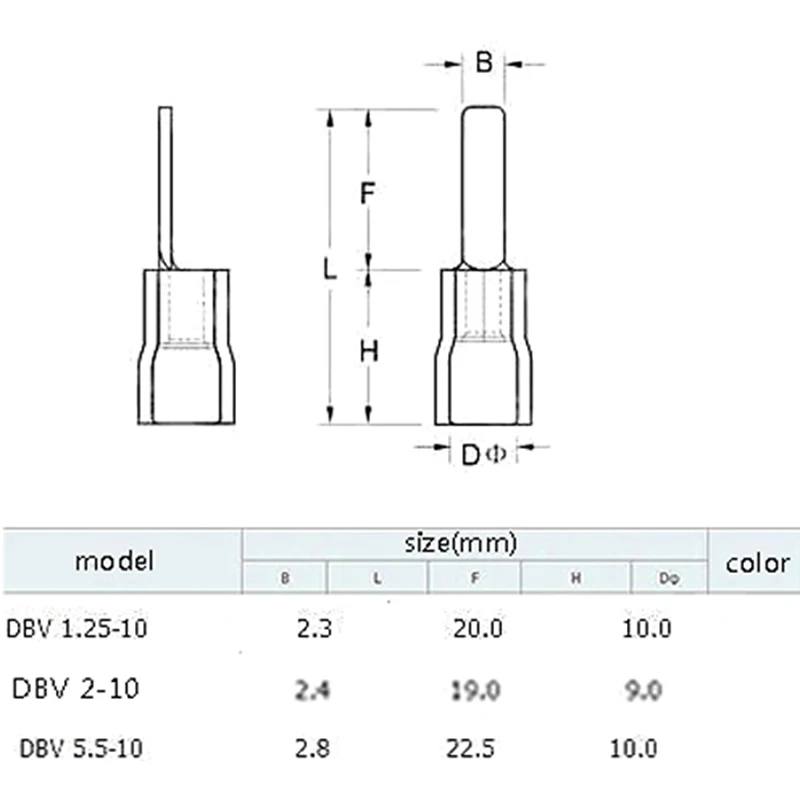 DBV1.25-10 DBV2-14 DBV5.5-10 Chip-shaped Cold-pressed Terminal Plug-in Insulated Blade Cable Lug Sleeve Pin Terminals Connector