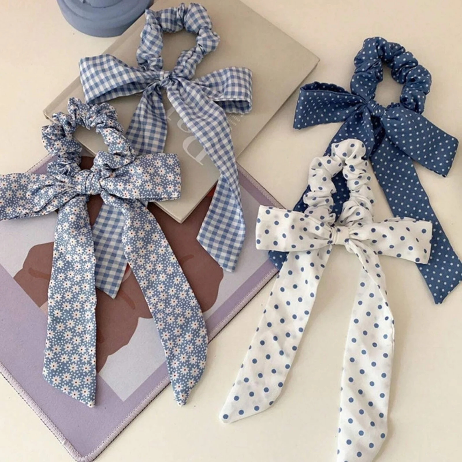 

1PC Printed Polka Dot Bow Large Intestine Loop Ribbon Fluttering Ribbon French Scarf Cute Ponytail Leather Band Hair Tie Headw
