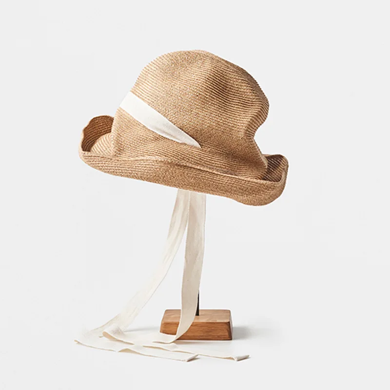 Strohhut für Damen, Sommer, breite Krempe, faltbar, UV-Schutz, Sonnenhut, Strand, Urlaub, Reisen, mit Schalband, verstaubare Krempe – Detail 1