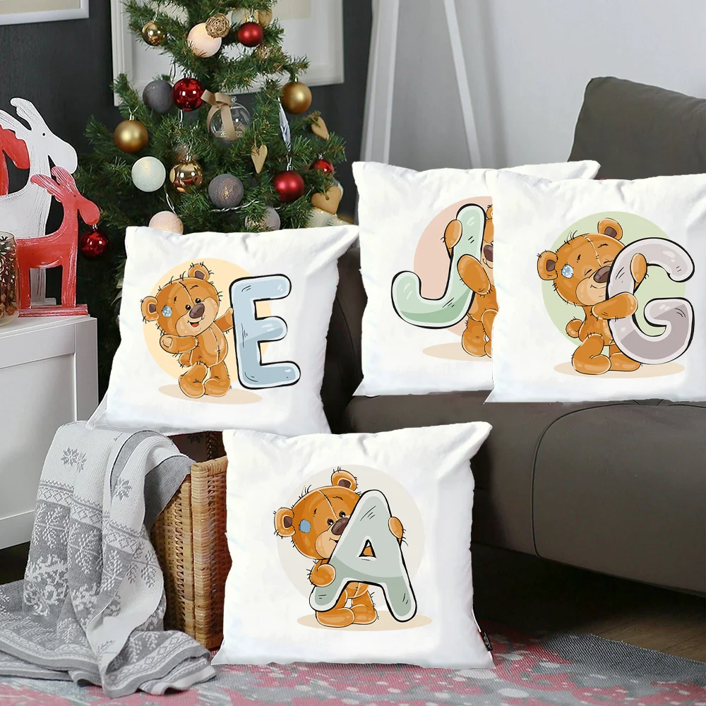 Cute Cartoon Bear Animal Pillow Case Cushion Cover for Children Room Soft Pillowcase Alphabet Letter Print White Pillow Case