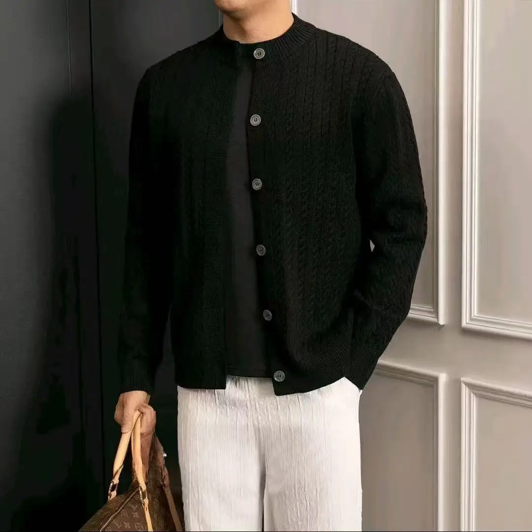 

100% Cotton Men Sweater Thick Single Breasted Cardigan Trendy Twisted Long Sleeve Outwear Long Sleeve Knit Coat
