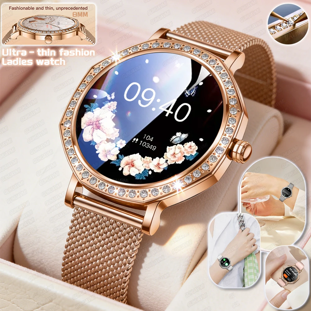 

1,32-дюймовые роскошные женские умные часы с бриллиантовым циферблатом, ультратонкий корпус, Bluetooth-вызов, умные часы, монитор сердечного ритма, спортивное отслеживание