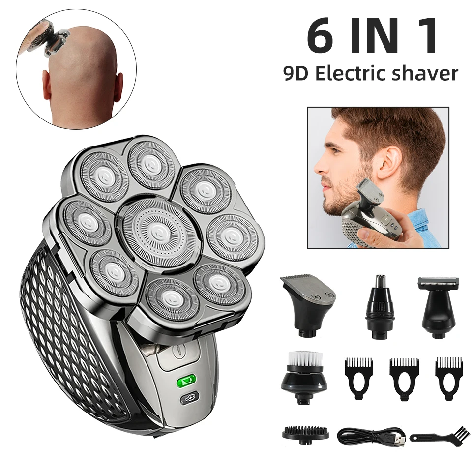 

Men Grooming Kit 9D Shaver IPX6 Waterproof 9 Cutter Floating Head Electric Razor Wet/Dry 6 In 1 Bald Head Shavers Beard Trimmer