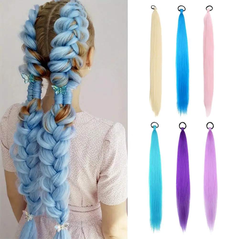 Queue de cheval droite synthétique avec attache élastique pour cheveux, Extensions capillaires tressées colorées, accessoires pour cheveux pour femmes