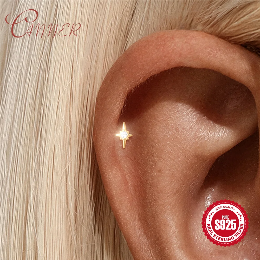 CANNER 925 Sterling Silver Mini Star Sparkling Octagonal Star Inlaid Diamond Flat Head Silver Screw Back Earing Piercing Jewelry