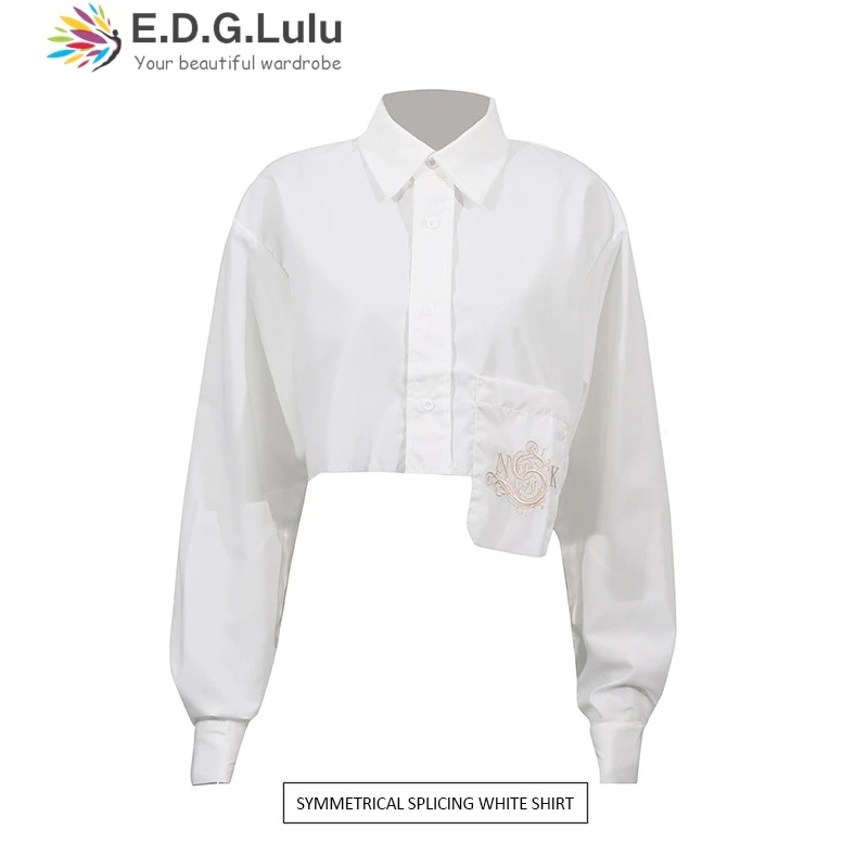 

EDGLuLu French Women's Turn-Down Collar Single Breasted Short Top T-Shirt Pocket Splicing Asymmetric White Blouse 0727