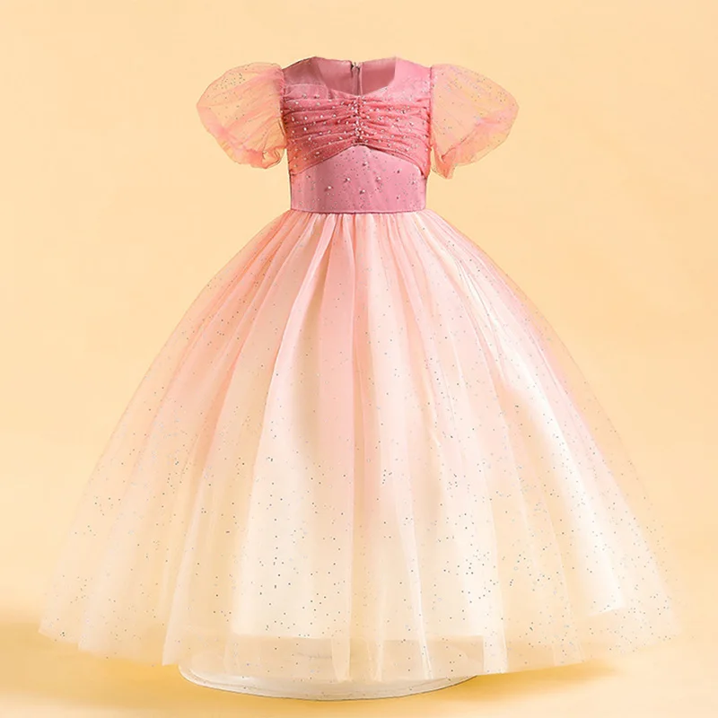 

Girls Evening Princess Wedding Formal Dress Star Embellished Puff Sleeves Long Formal Gown Birthday Party Prom Kids Clothes