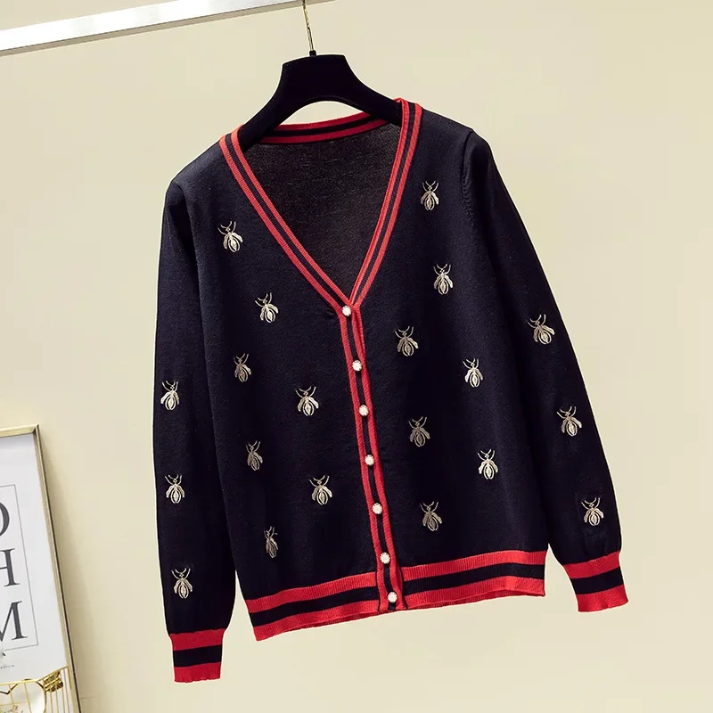 High Quality Fashion Designer Bee Embroidery Cardigan Long Sleeve Single Breasted Contrast Color Button Knitted Sweaters