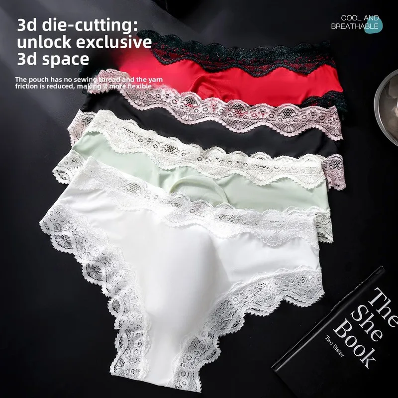 Male Full Lace Edge Briefs Back Bow Strap Ice Silk Satin Low Rise U Pouch Soft Breathable Men Underpants